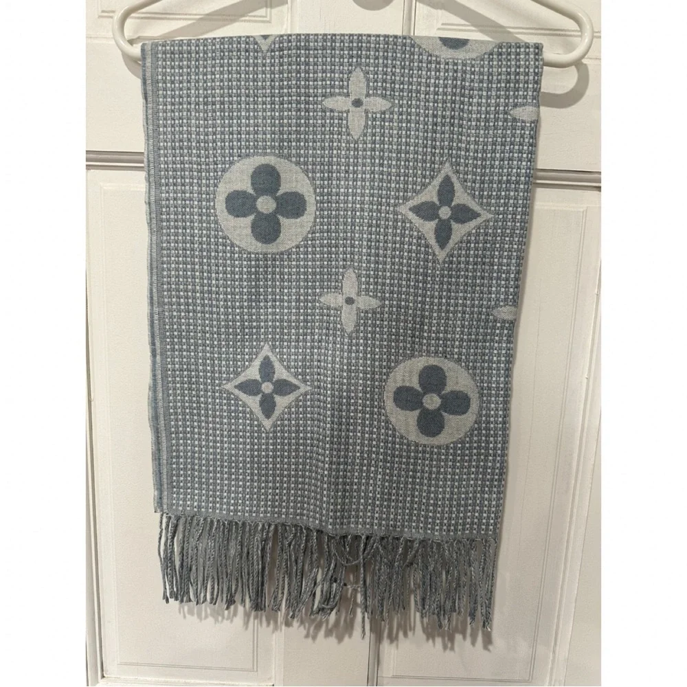 Blue & Gray Monogram Fringe Scarf | Floral Medallion Knit Wrap